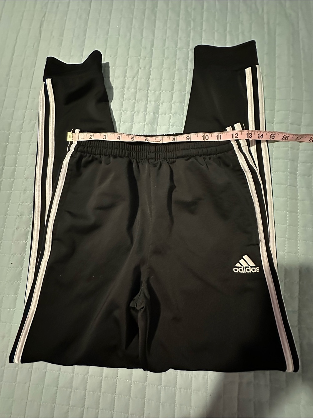 Kids Black Adidas Track Pants with White Side Stripes. Boys athletic gym pants.